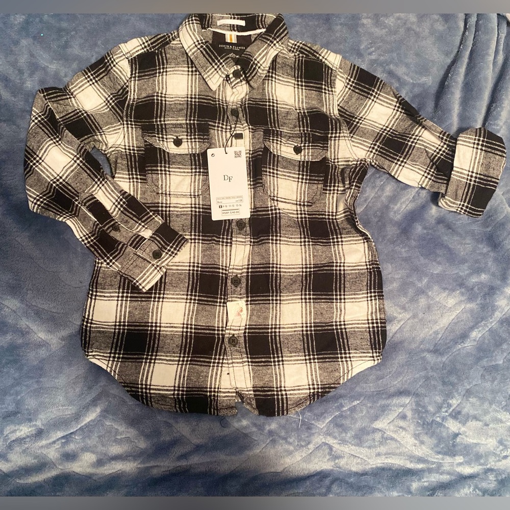 Denim & Flower Boy’s Long-Sleeved Button-Down Plaid Shirt Black White Size 8 NWT